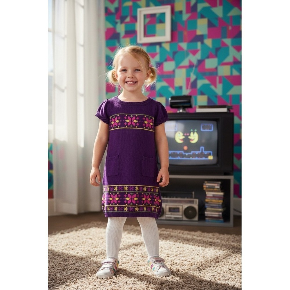 JK Girls Sweater Dress Girls Size S Purple Fair Isle Floral Pockets Knee vintage